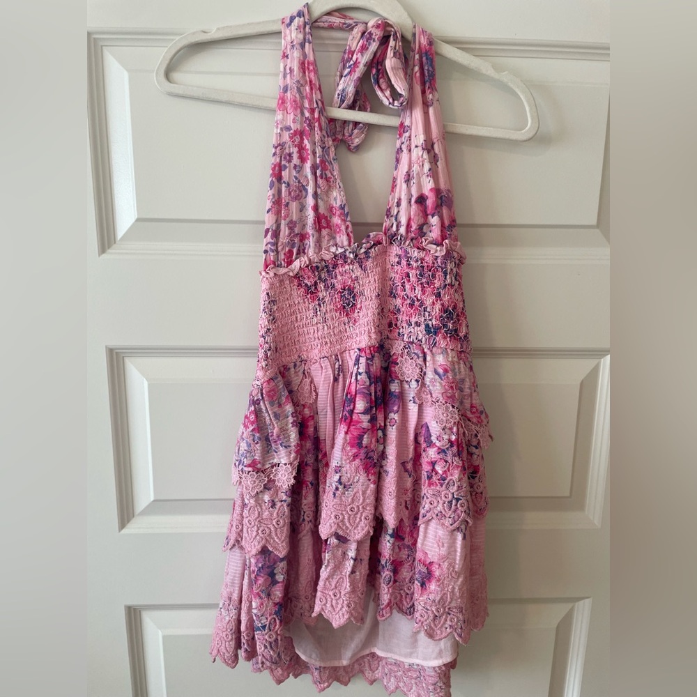 LoveShackFancy Deanna Floral Pink Halter Dress, Size Medium.